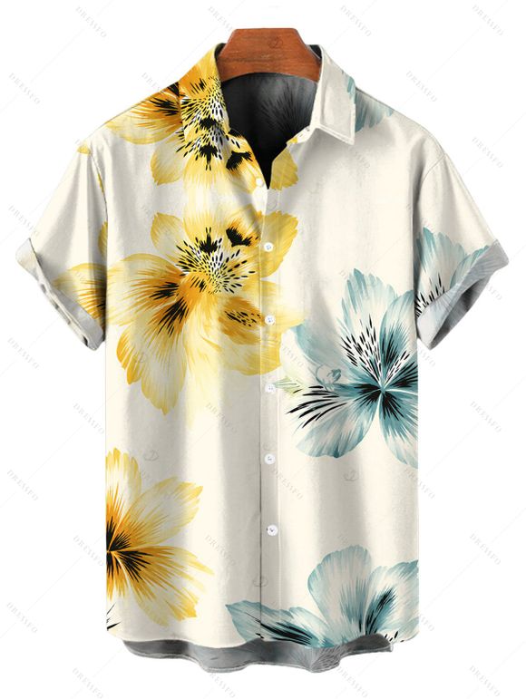 Vacation Couple Outfit Watercolor Bicolor Hibiscus Floral Print Ruched One Shoulder Bodycon Dress and Shirt Set - Beige S | US 4
