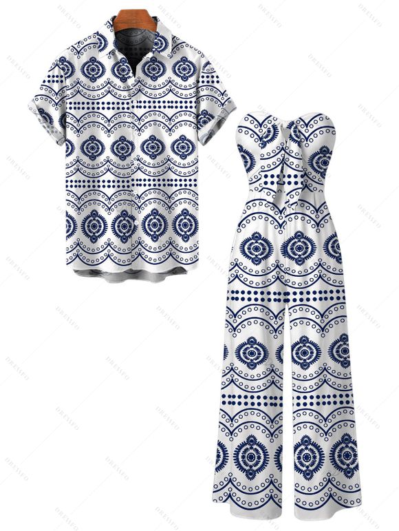 Bohemian Couple Outfit Mandala Ethnic Geometric Print Bowknot Pocket Off the Shoulder Jumpsuit and Shirt Set - Bleu S | US 4