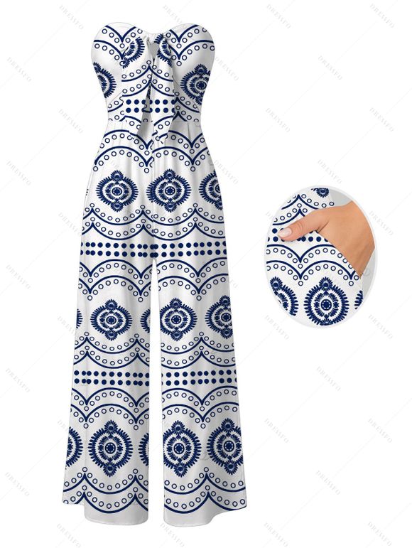 Bohemian Couple Outfit Mandala Ethnic Geometric Print Bowknot Pocket Off the Shoulder Jumpsuit and Shirt Set - Bleu S | US 4