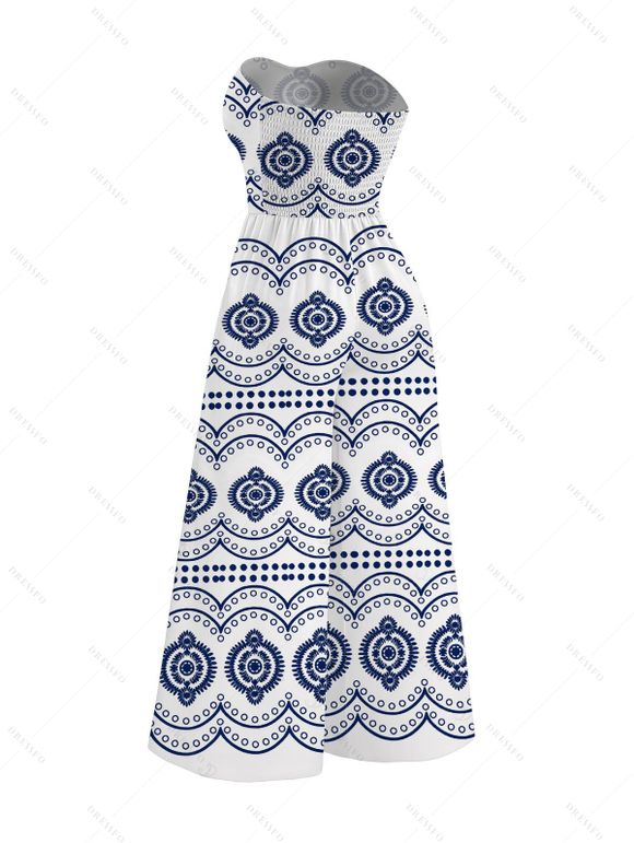 Bohemian Couple Outfit Mandala Ethnic Geometric Print Bowknot Pocket Off the Shoulder Jumpsuit and Shirt Set - Bleu S | US 4