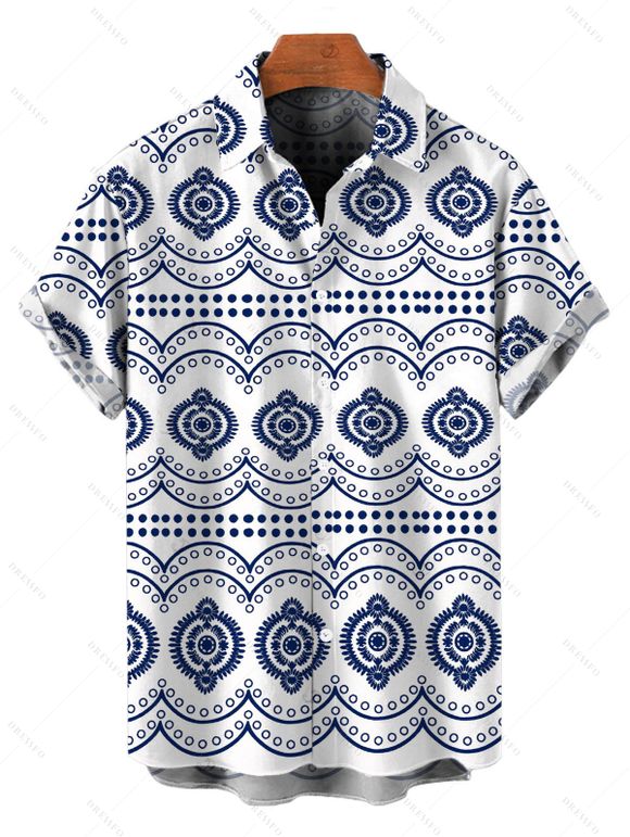 Bohemian Couple Outfit Mandala Ethnic Geometric Print Bowknot Pocket Off the Shoulder Jumpsuit and Shirt Set - Bleu S | US 4