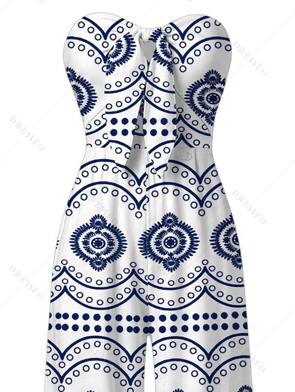 Bohemian Jumpsuit Mandala Ethnic Geometric Print Bowknot Pocket Off the Shoulder Jumpsuit - Bleu L | US 8-10