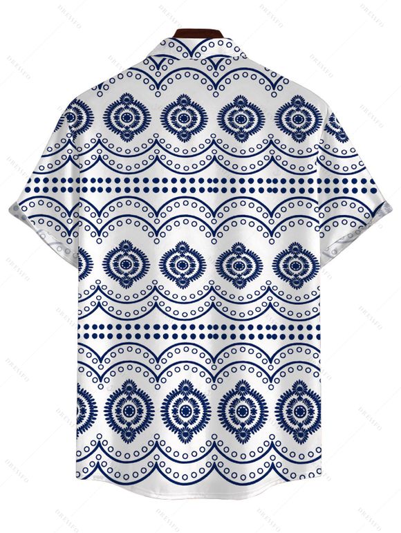 Men's Bohemian Shirt Mandala Ethnic Geometric Print Button Up Shirt - Bleu M