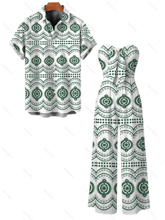 Bohemian Couple Outfit Mandala Ethnic Geometric Print Bowknot Pocket Off the Shoulder Jumpsuit and Shirt Set - Vert S | US 4