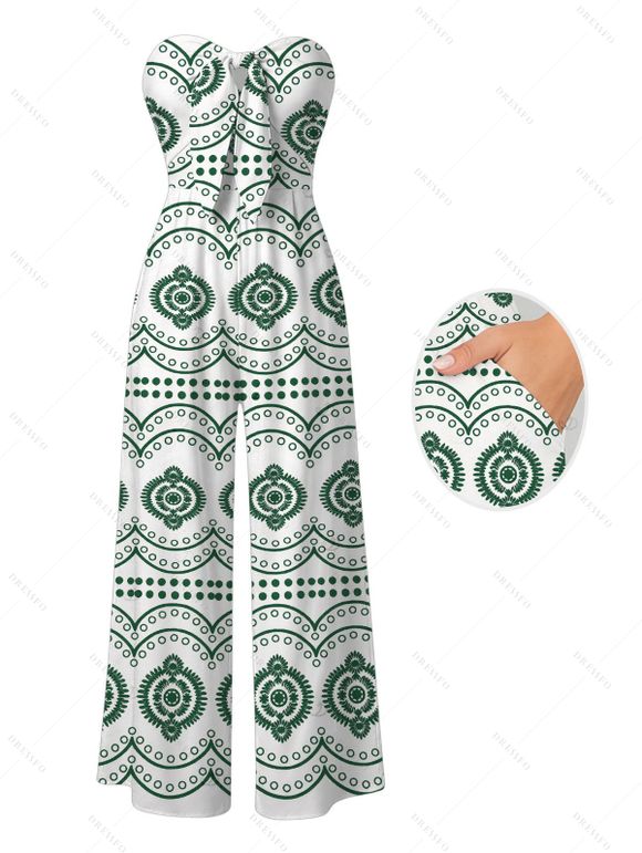 Bohemian Couple Outfit Mandala Ethnic Geometric Print Bowknot Pocket Off the Shoulder Jumpsuit and Shirt Set - Vert S | US 4