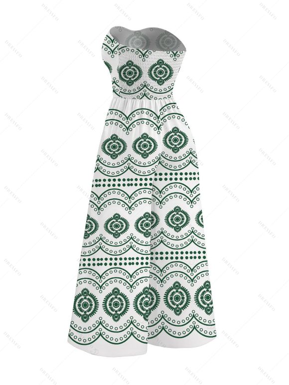 Bohemian Couple Outfit Mandala Ethnic Geometric Print Bowknot Pocket Off the Shoulder Jumpsuit and Shirt Set - Vert S | US 4