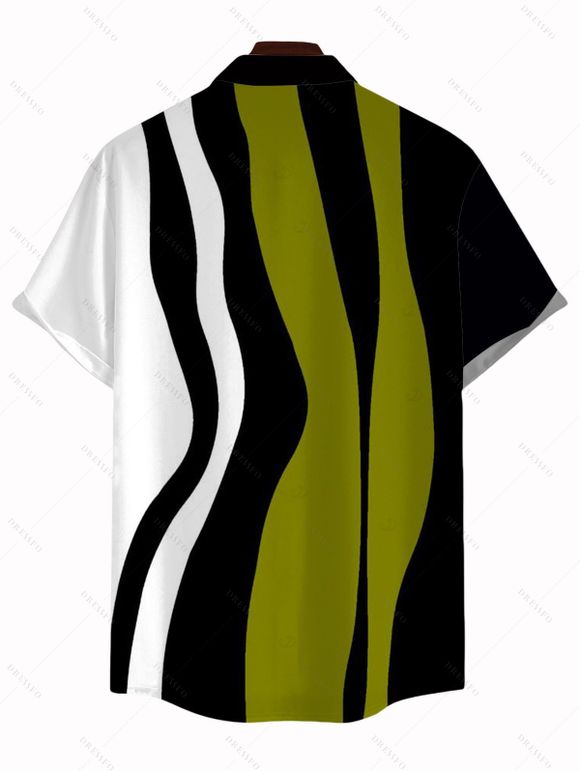 Men's Vintage Shirt Colorblock Art Fluid Curve Stripe Print Button Up Shirt - Vert Armée 5XL