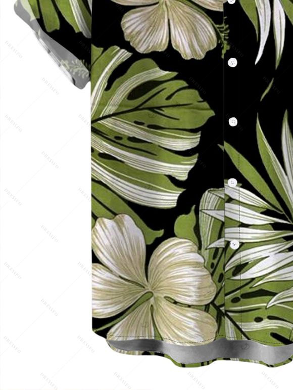 Men's Vintage Hawaiian Shirt Tropical Floral Banana Leaf Print Button Up Shirt - Noir 5XL