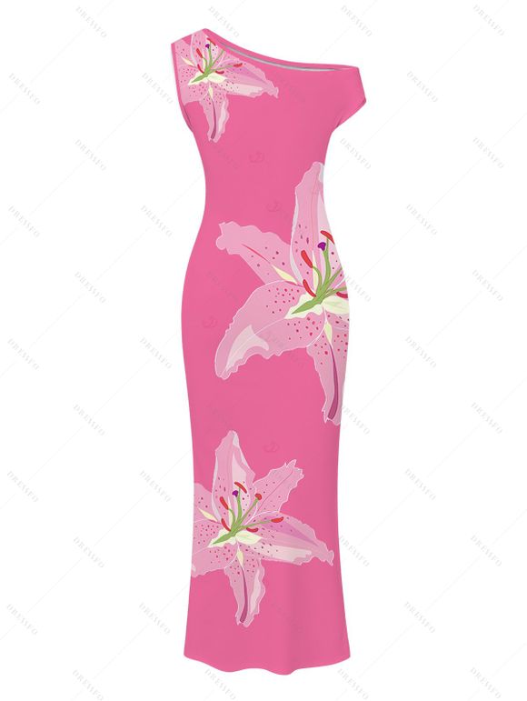 Vacation Dress Watercolor Lily Floral Print Ruched One Shoulder Bodycon Maxi Dress - Rose Vif XXL | US 14
