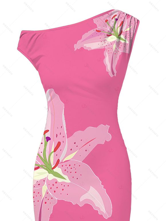 Vacation Dress Watercolor Lily Floral Print Ruched One Shoulder Bodycon Maxi Dress - Rose Vif XXL | US 14