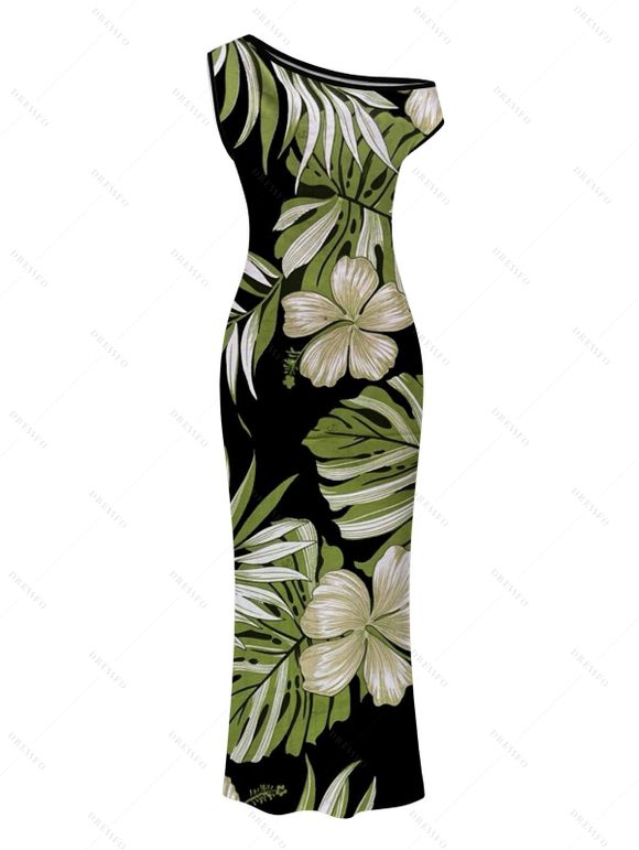 Vintage Hawaiian Dress Tropical Floral Banana Leaf Print Ruched One Shoulder Bodycon Dress - Noir 2XL