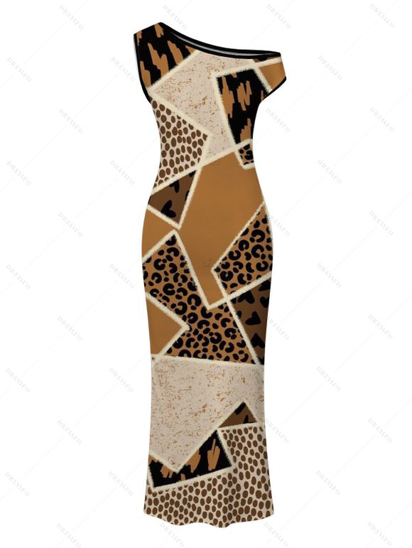 Vintage Dress Patchwork Leopard Spot Collage Print Ruched One Shoulder Bodycon Maxi Dress - Café profond XXL | US 14