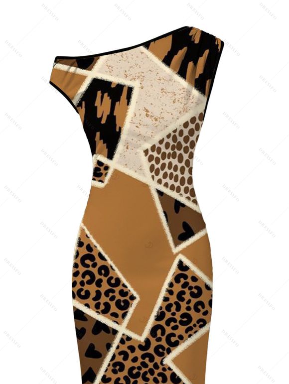Vintage Dress Patchwork Leopard Spot Collage Print Ruched One Shoulder Bodycon Maxi Dress - Café profond XXL | US 14