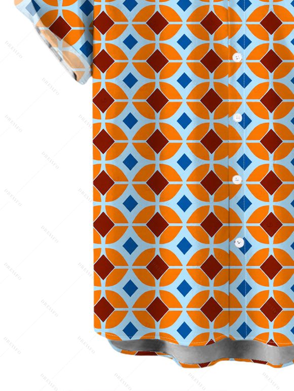Men's Vintage Shirt Contrast Color Geometric Diamond Grid Print Button Up Shirt - Orange Foncé 5XL
