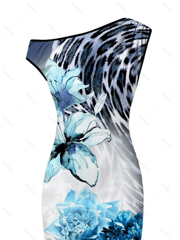 Vintage Vacation Dress Floral Tie Dye Leopard Print Ruched One Shoulder Bodycon Maxi Dress - Bleu XXL | US 14