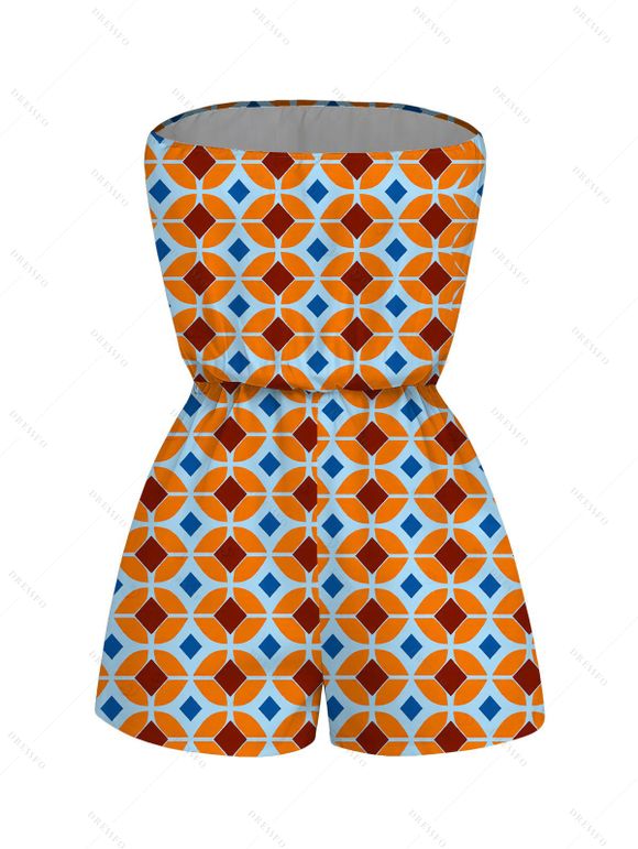 Vintage Romper Contrast Color Geometric Diamond Grid Print Pocket Off the Shoulder Romper - Orange Foncé XXL | US 14
