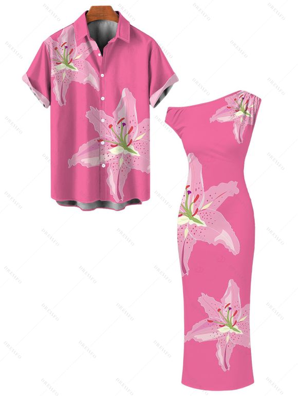 Vacation Couple Outfit Watercolor Lily Floral Print Ruched One Shoulder Bodycon Maxi Dress and Shirt Set - Rose Vif S | US 4