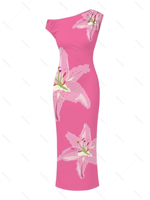 Vacation Couple Outfit Watercolor Lily Floral Print Ruched One Shoulder Bodycon Maxi Dress and Shirt Set - Rose Vif S | US 4