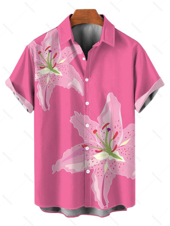Vacation Couple Outfit Watercolor Lily Floral Print Ruched One Shoulder Bodycon Maxi Dress and Shirt Set - Rose Vif S | US 4