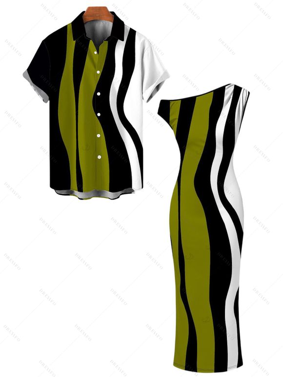 Vintage Couple Outfit Colorblock Art Fluid Curve Stripe Print Ruched One Shoulder Bodycon Maxi Dress and Shirt Set - Vert Armée S | US 4