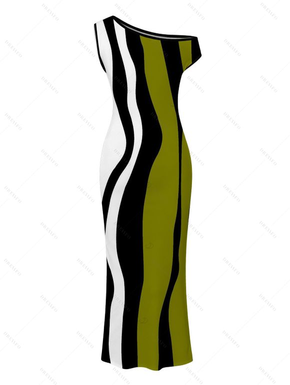Vintage Couple Outfit Colorblock Art Fluid Curve Stripe Print Ruched One Shoulder Bodycon Maxi Dress and Shirt Set - Vert Armée S | US 4