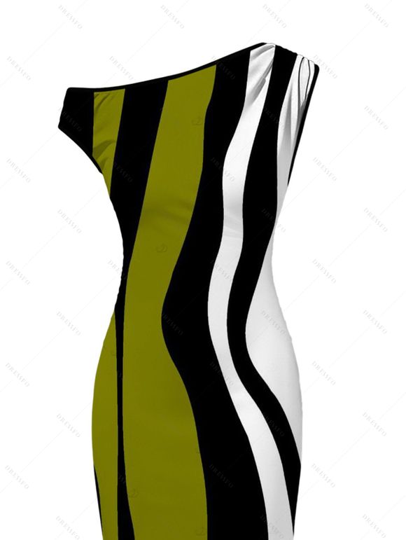 Vintage Couple Outfit Colorblock Art Fluid Curve Stripe Print Ruched One Shoulder Bodycon Maxi Dress and Shirt Set - Vert Armée S | US 4