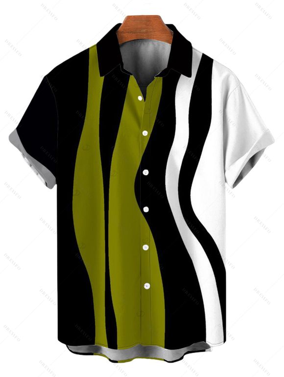 Vintage Couple Outfit Colorblock Art Fluid Curve Stripe Print Ruched One Shoulder Bodycon Maxi Dress and Shirt Set - Vert Armée S | US 4