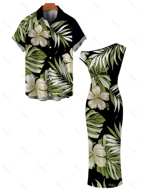 Vintage Hawaiian Couple Outfit Tropical Floral Banana Leaf Print Ruched One Shoulder Bodycon Dress and Shirt Set - Noir S | US 4