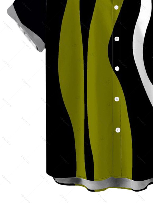 Vintage Couple Outfit Colorblock Art Fluid Curve Stripe Print Ruched One Shoulder Bodycon Maxi Dress and Shirt Set - Vert Armée S | US 4