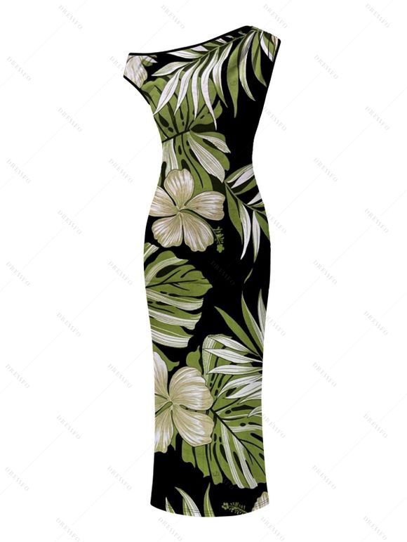 Vintage Hawaiian Couple Outfit Tropical Floral Banana Leaf Print Ruched One Shoulder Bodycon Dress and Shirt Set - Noir S | US 4