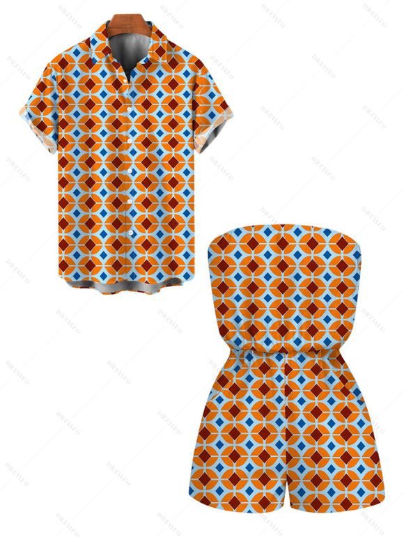 Vintage Couple Outfit Contrast Color Geometric Diamond Grid Print Pocket Off the Shoulder Romper and Shirt Set - Orange Foncé S | US 4