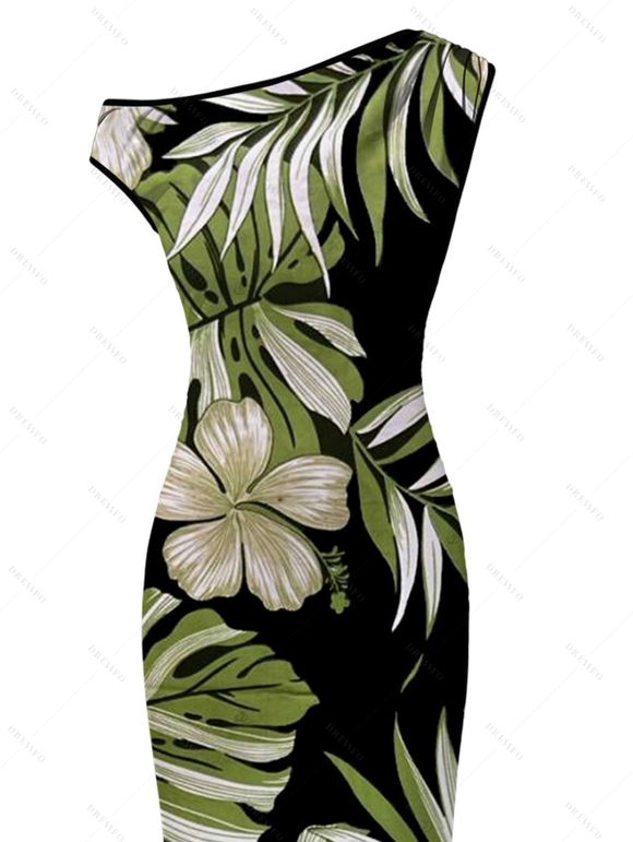 Vintage Hawaiian Couple Outfit Tropical Floral Banana Leaf Print Ruched One Shoulder Bodycon Dress and Shirt Set - Noir S | US 4