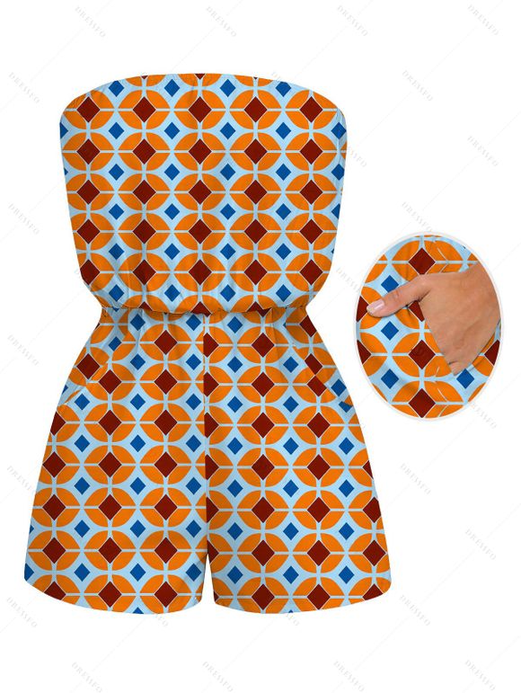 Vintage Couple Outfit Contrast Color Geometric Diamond Grid Print Pocket Off the Shoulder Romper and Shirt Set - Orange Foncé S | US 4