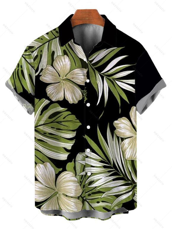 Vintage Hawaiian Couple Outfit Tropical Floral Banana Leaf Print Ruched One Shoulder Bodycon Dress and Shirt Set - Noir S | US 4