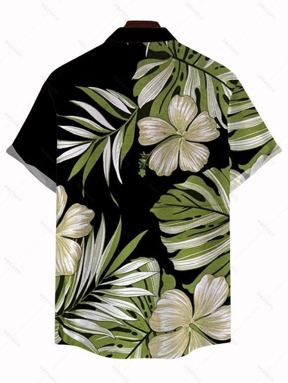 Vintage Hawaiian Couple Outfit Tropical Floral Banana Leaf Print Ruched One Shoulder Bodycon Dress and Shirt Set - Noir S | US 4