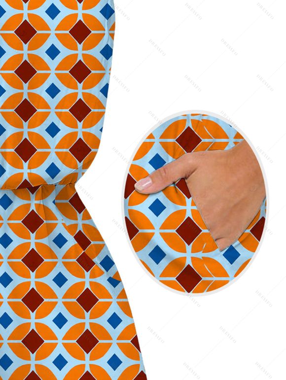 Vintage Couple Outfit Contrast Color Geometric Diamond Grid Print Pocket Off the Shoulder Romper and Shirt Set - Orange Foncé S | US 4