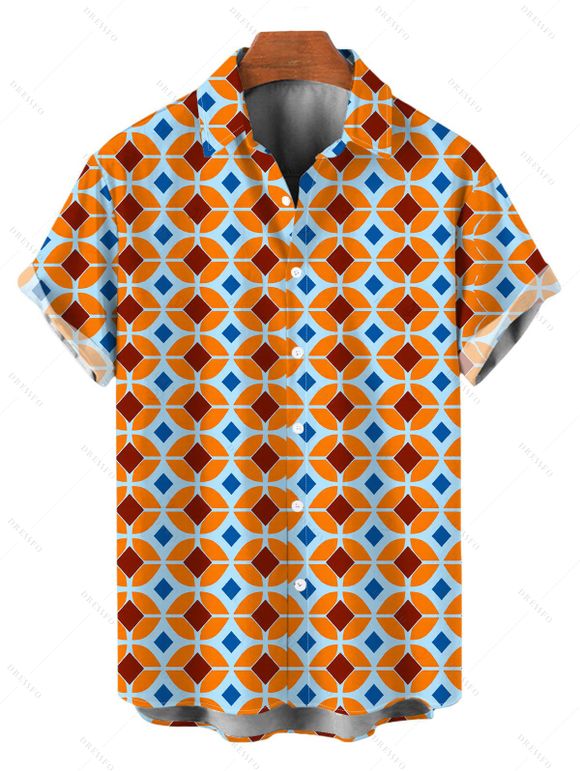 Vintage Couple Outfit Contrast Color Geometric Diamond Grid Print Pocket Off the Shoulder Romper and Shirt Set - Orange Foncé S | US 4