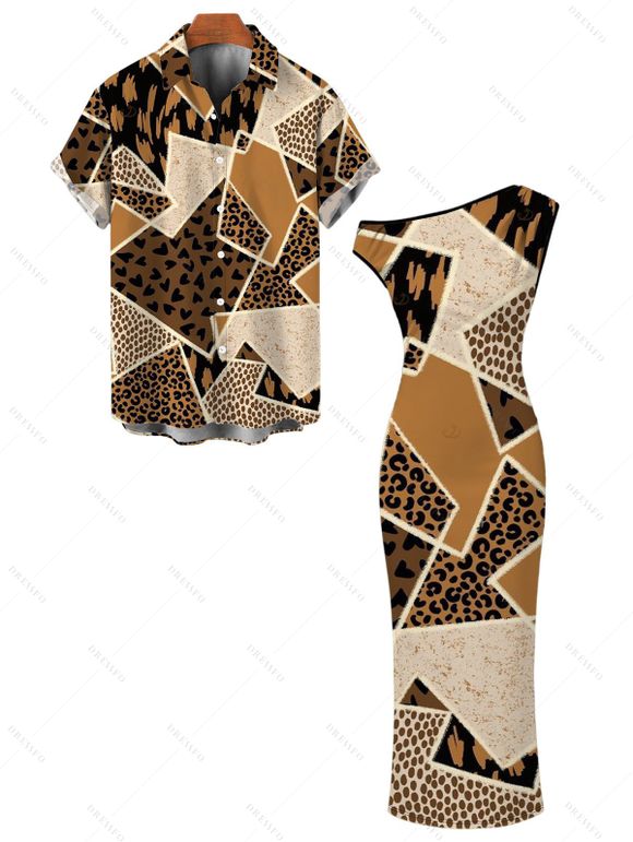 Vintage Couple Outfit Patchwork Leopard Spot Collage Print Ruched One Shoulder Bodycon Maxi Dress and Shirt Set - Café profond S | US 4