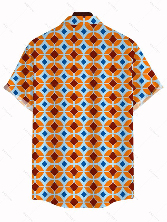 Vintage Couple Outfit Contrast Color Geometric Diamond Grid Print Pocket Off the Shoulder Romper and Shirt Set - Orange Foncé S | US 4