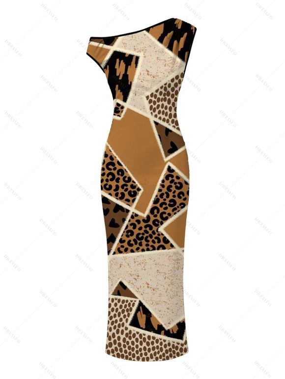 Vintage Couple Outfit Patchwork Leopard Spot Collage Print Ruched One Shoulder Bodycon Maxi Dress and Shirt Set - Café profond S | US 4