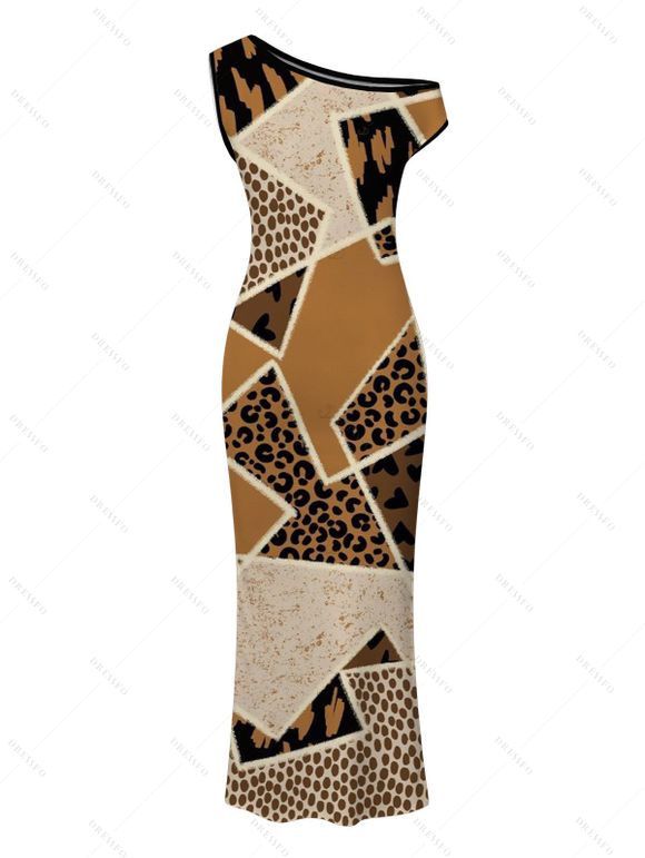 Vintage Couple Outfit Patchwork Leopard Spot Collage Print Ruched One Shoulder Bodycon Maxi Dress and Shirt Set - Café profond S | US 4
