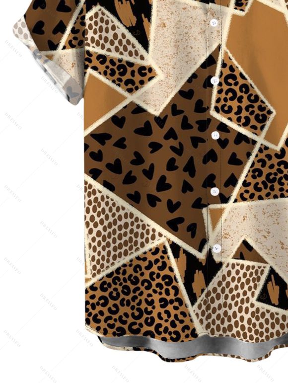 Vintage Couple Outfit Patchwork Leopard Spot Collage Print Ruched One Shoulder Bodycon Maxi Dress and Shirt Set - Café profond S | US 4