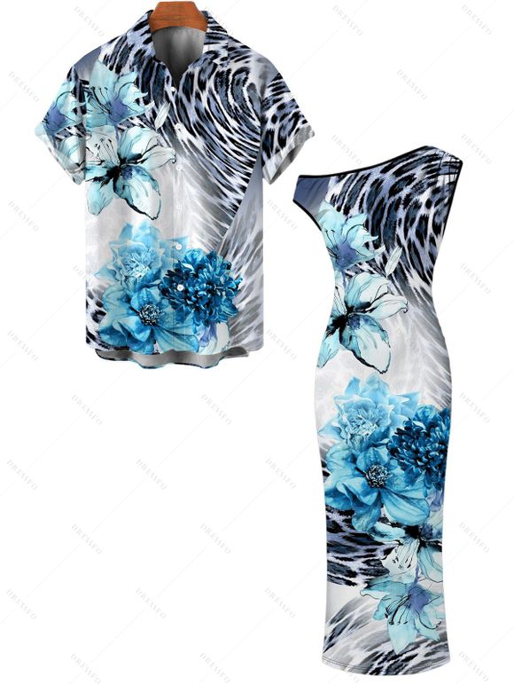 Vintage Vacation Couple Outfit Floral Tie Dye Leopard Print Ruched One Shoulder Bodycon Maxi Dress and Shirt Set - Bleu S | US 4