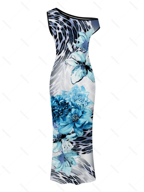 Vintage Vacation Couple Outfit Floral Tie Dye Leopard Print Ruched One Shoulder Bodycon Maxi Dress and Shirt Set - Bleu S | US 4