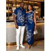 Vacation Couple Outfit White Line Art Large Floral Print Ruched One Shoulder Bodycon Dress and Shirt Set - Bleu profond S | US 4