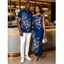 Vacation Couple Outfit White Line Art Large Floral Print Ruched One Shoulder Bodycon Dress and Shirt Set - Bleu profond S | US 4