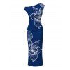 Vacation Couple Outfit White Line Art Large Floral Print Ruched One Shoulder Bodycon Dress and Shirt Set - Bleu profond S | US 4
