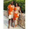 Beach Vacation Couple Outfit Palm Leaf Silhouette Print Ruched One Shoulder Bodycon Dress and Shirt Set - Orange S | US 4