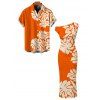 Beach Vacation Couple Outfit Palm Leaf Silhouette Print Ruched One Shoulder Bodycon Dress and Shirt Set - Orange S | US 4