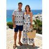 Bohemian Couple Outfit Mandala Ethnic Geometric Print Bowknot Pocket Off the Shoulder Jumpsuit and Shirt Set - Bleu S | US 4